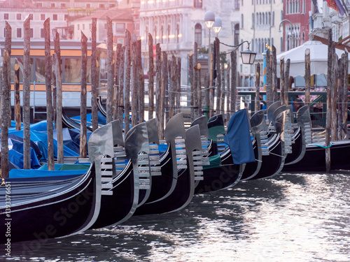 Row of Gondolas on Venice Grand Canal at Sunset
