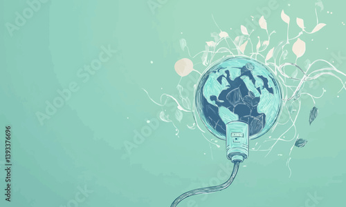Continuous line art green energy plug concept. Sustainable power storage electric rechargeable supply. Charging battery eco global planet solution. Hand drawing sketch vector illustration