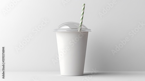 A disposable smoothie cup with a domed transparent lid and eco-friendly paper straw, ultra-detailed, isolated on solid white background.