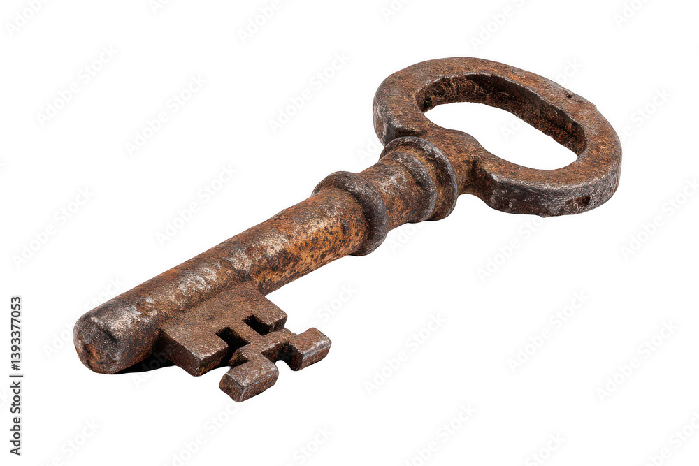 Obraz premium An old, rusty key isolated on a white background, png