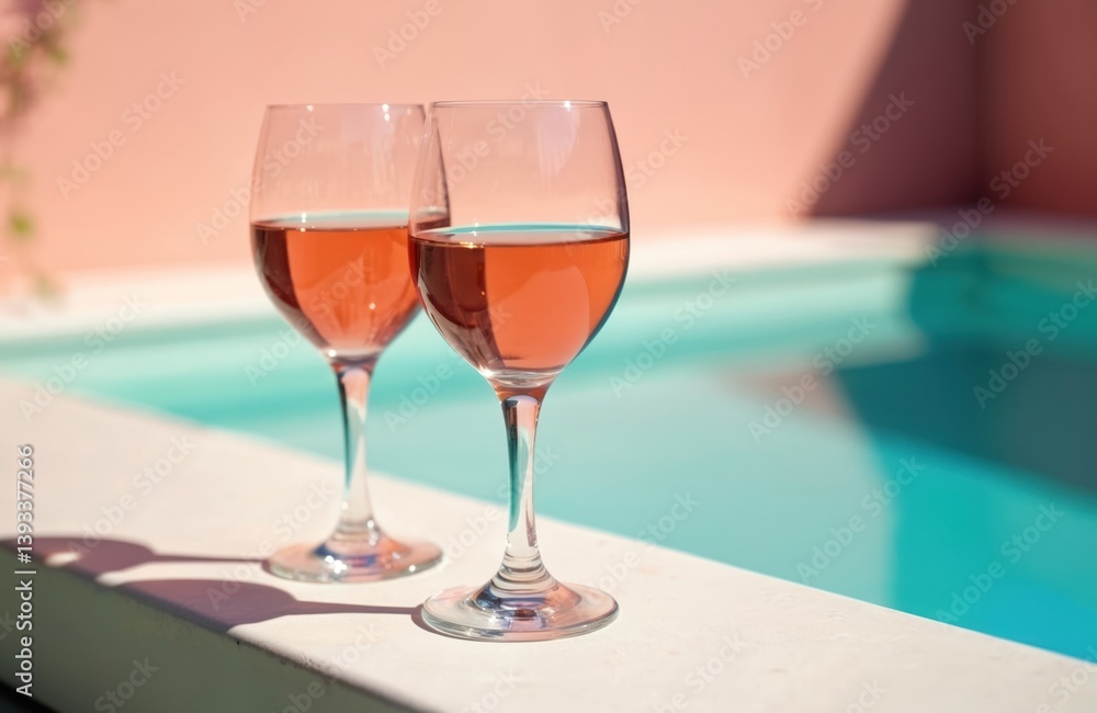 Two glasses of wine at pool edge with soft pink background. Refreshing rose wine. Ideal for travel, celebration, romance, party, date, summer, lunch, picnic. Romantic date on sunny holiday at luxury