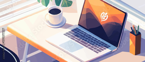 Cozy Workspace: Coffee Cup with Latte Art Beside Laptop on Minimalist Desk for Productive Workday