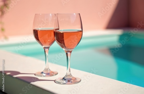 Obraz na płótnie Two glasses of wine at pool edge with soft pink background. Refreshing rose wine. Ideal for travel, celebration, romance, party, date, summer, lunch, picnic. Romantic date on sunny holiday at luxury w salonie