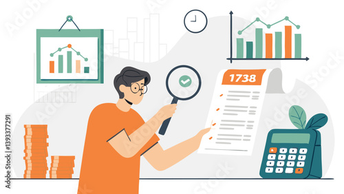 Businessman Analyzing Financial Data With Magnifying Glass And Calculator Cartoon Style