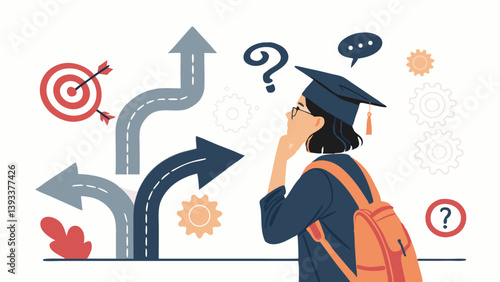 Confused Graduate Student Choosing Career Path After Graduation Concept Illustration