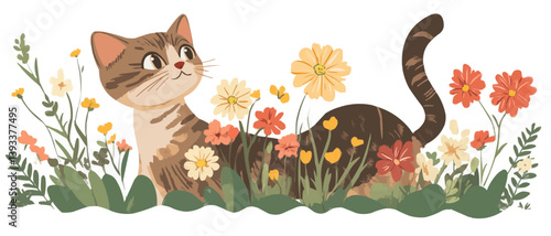 Cute domestic cat brought a flowers as a gift. Funny greeting card with animals