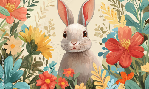 Cute rabbit surrounded by colorful flowers in a vibrant spring garden setting