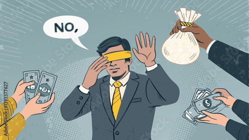 Businessman Rejects Money Offer Remaining Ethical And Principled With Integrity Blindfolded Illustration