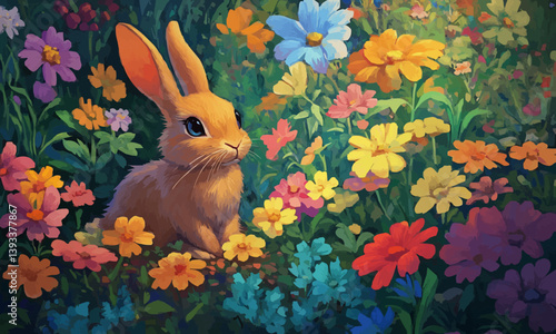 Cute rabbit surrounded by colorful flowers in a vibrant spring garden setting