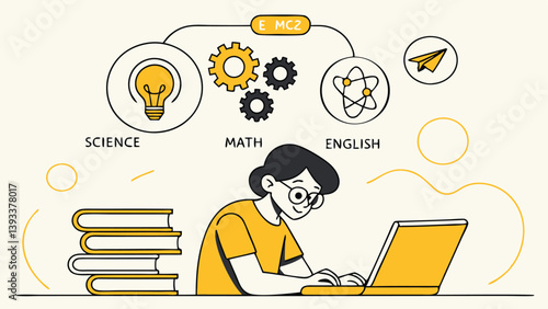 Student Learning Online With Laptop Studying Science Math And English Courses Illustration
