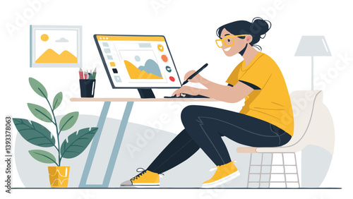 Female Graphic Designer Working At Desk Flat Vector Illustration Concept