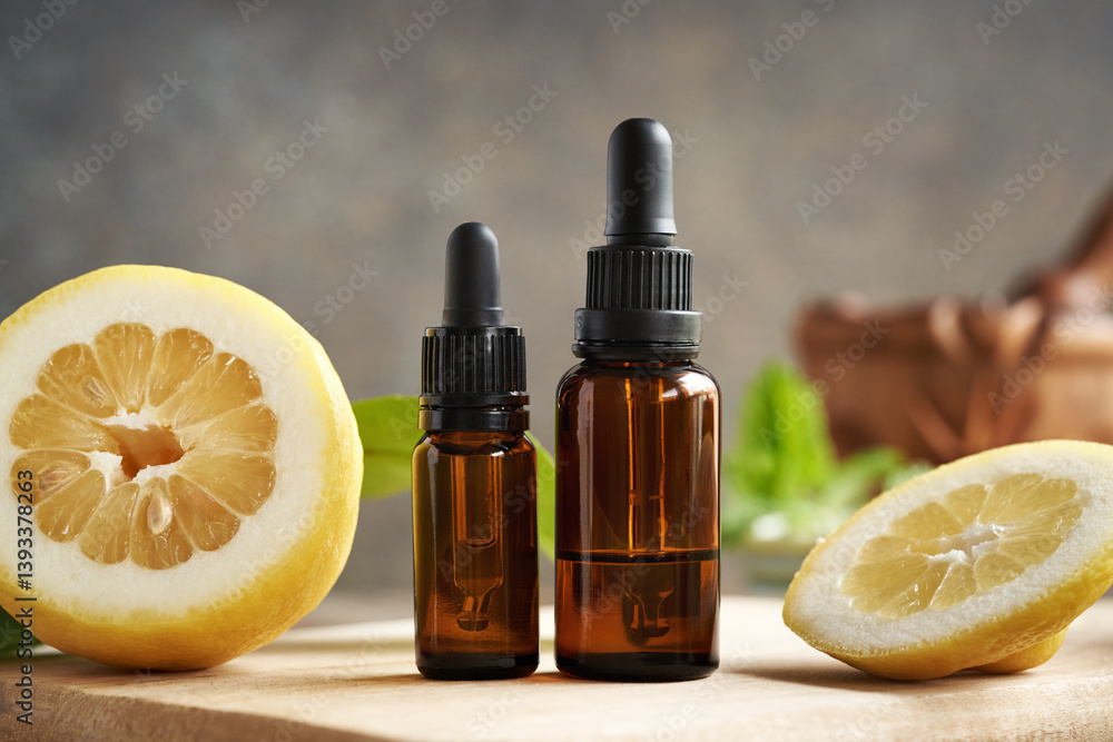 Bottles of aromatherapy essential oil with fresh lemon fruit and leaves Bottles of aromatherapy essential oil with fresh lemon fruit and leaves