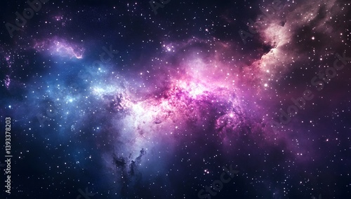 Colorful nebula with stars and cosmic dust in deep space background.