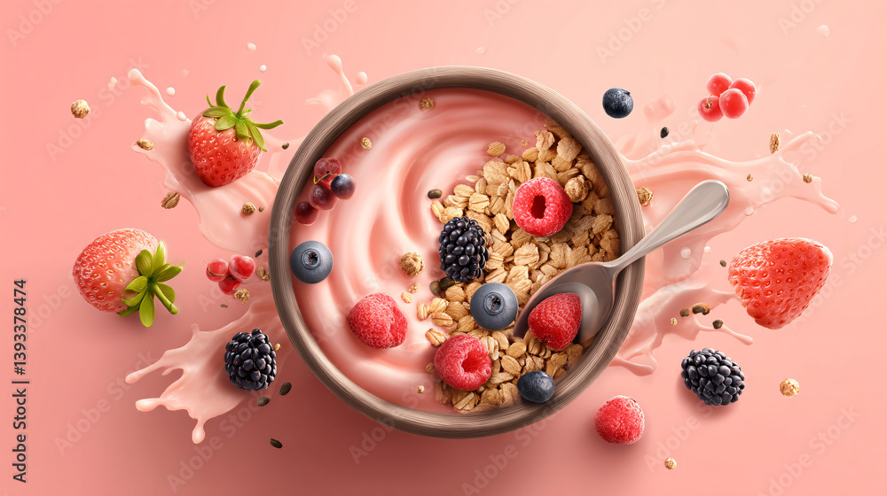 A nutritious breakfast of a blended fruit smoothie served in a bowl, topped with granola and berries. A nutritious breakfast of a blended fruit smoothie served in a bowl, topped with granola and berries.
