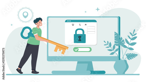 Unlocking Digital Security Illustration Of Man Inserting Key Into Computer Lock