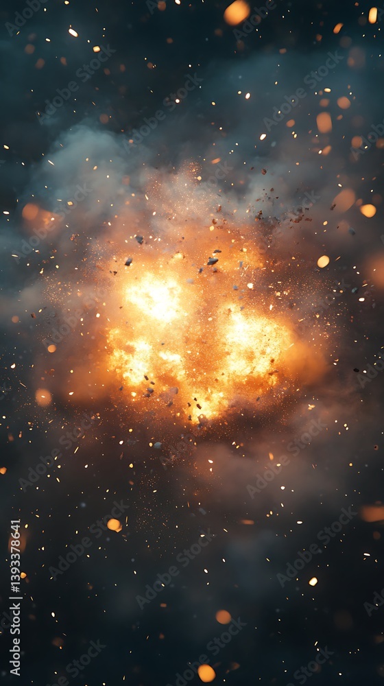 Naklejka premium A fiery explosion of light and debris in a dark environment