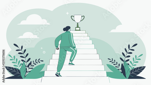 Climbing Steps To Success Reaching Goals Achieving Ambitions With Trophy Vector