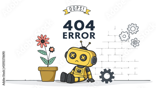 Cartoon Robot Sitting Beside A Flower Displaying A 404 Error Message