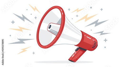 Red And White Megaphone With Lightening And Stars In Cartoon Style Illustration