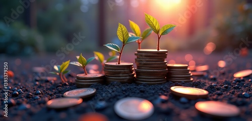A symbolic representation of financial growth, featuring saplings emerging from stacked coins, illustrating the connection between nature and investment.