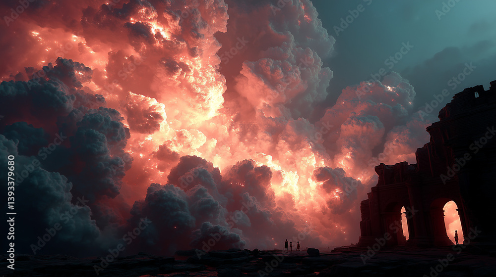 Fototapeta premium feuer, explosion, feuersturm, gebäude, abendrot, himmel, cloud, sonne, cloud, orange, natur, rot, landschaft, sonnenaufgang, feuer, abenddämmerung, abend, storm, schön, licht, blau, farbe, dark, sonne