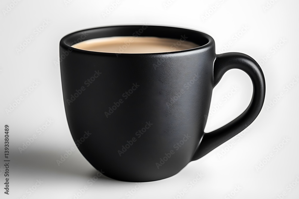 A modern matte black ceramic coffee cup with a minimalist design and round handle, hyper-realistic, isolated on solid white background. A modern matte black ceramic coffee cup with a minimalist design and round handle, hyper-realistic, isolated on solid white background.
