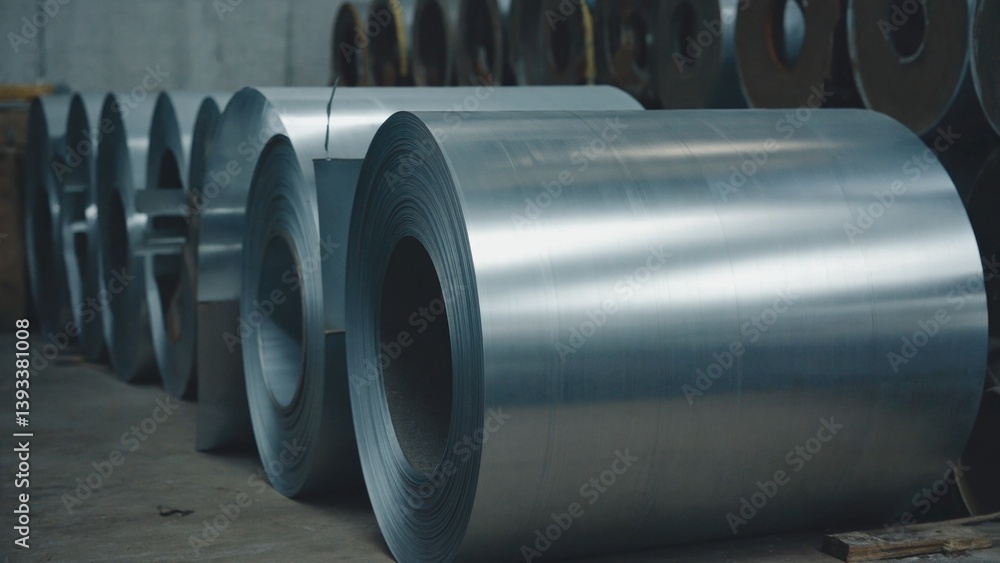 Warehouse storage of steel rolls, potential use as background or industrial setting Warehouse storage of steel rolls, potential use as background or industrial setting