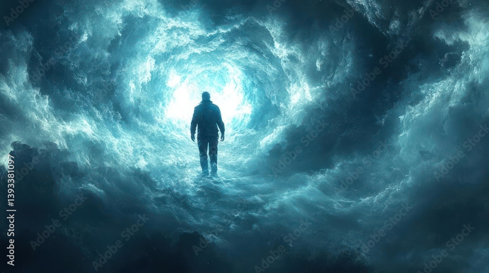 A solitary figure walks through a swirling cloud tunnel toward a bright light A solitary figure walks through a swirling cloud tunnel toward a bright light