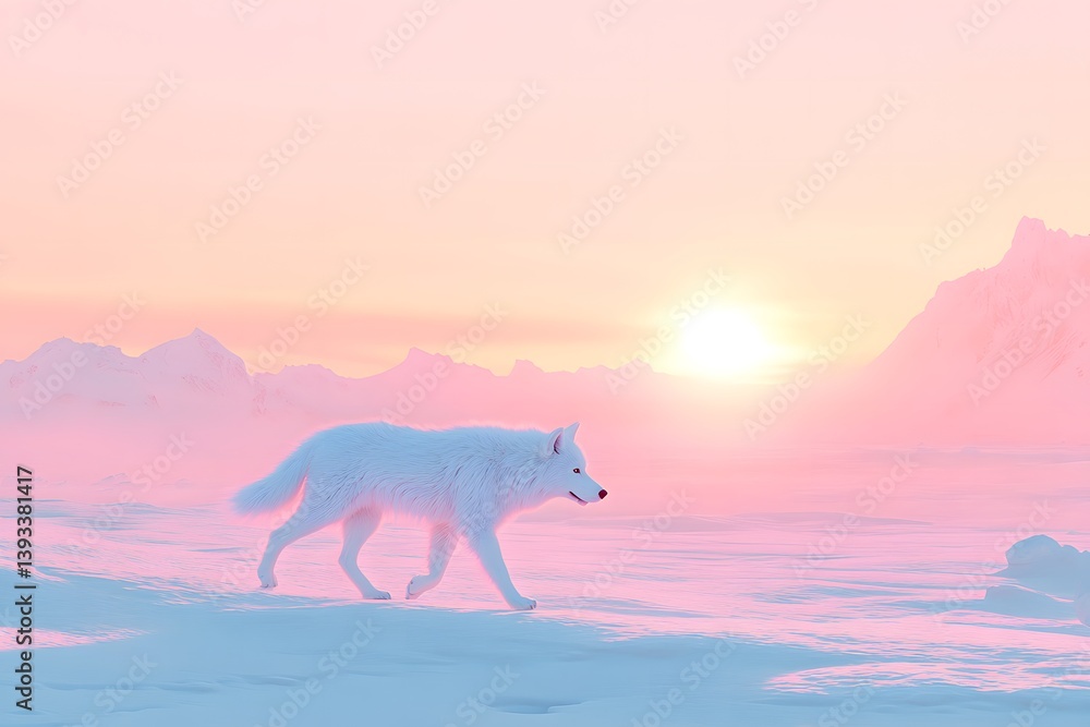 Dire wolf a white wolf walking on snow with pink and orange sky and mountains in the background at sunrise Dire wolf a white wolf walking on snow with pink and orange sky and mountains in the background at sunrise