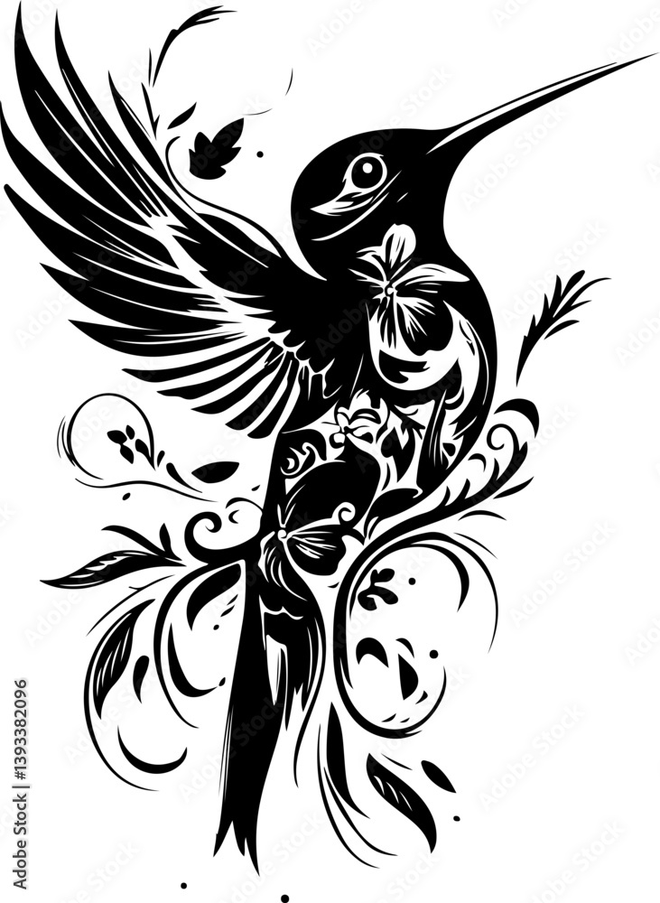 Obraz premium Hummingbird, bird, vector, dove, illustration, tattoo, animal, pigeon, eagle, silhouette, fly, flying, wing, art, peace, nature, symbol, design, birds, feather, wings, freedom, black, sign, drawing, f