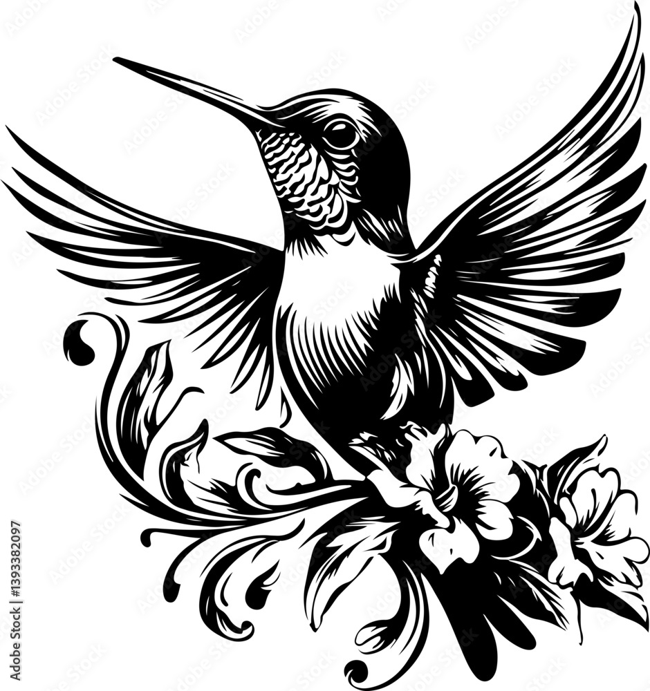 Obraz premium Hummingbird, bird, vector, dove, illustration, tattoo, animal, pigeon, eagle, silhouette, fly, flying, wing, art, peace, nature, symbol, design, birds, feather, wings, freedom, black, sign, drawing, f