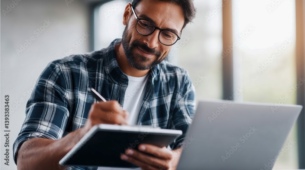 A smiling man wearing glasses writes in his notepad while working on his laptop indoors.