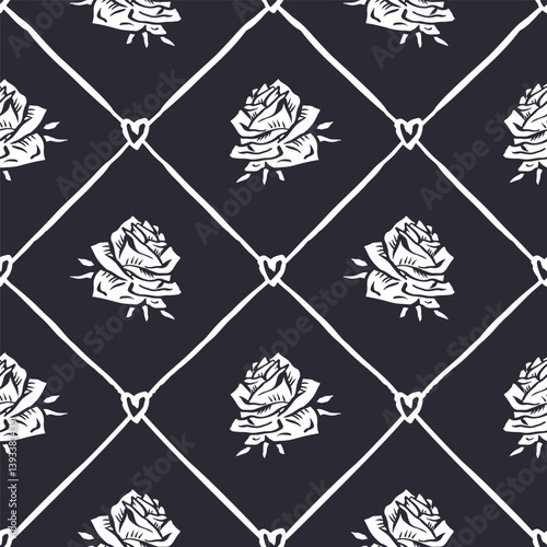 Seamless pattern with hand drawn black and white rose flowers inside trellis. Romantic monochrome floral background. Valentines day wrapping design.
