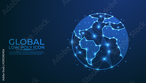 Low Poly Global Icon Background. Word globe icon design with neon lighting color concepts. Neon globe icon