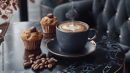 Cozy coffee cup with cupcakes and coffee beans on marble table  
