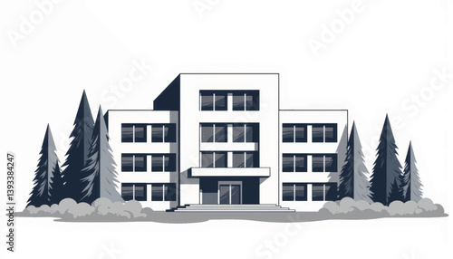 Geometric university building illustration surrounded by trees, education concept