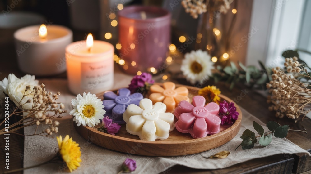 A few drops of melted wax on a small wooden tray, surrounded by dried flowers, and a candle flickers in the background. A photo with a place for the text. A few drops of melted wax on a small wooden tray, surrounded by dried flowers, and a candle flickers in the background. A photo with a place for the text.