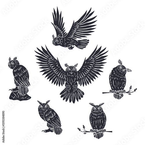 Set of hand drawn black and white line art eagle-owls sitting and flying isolated on white background. Monochrome nocturnal birds vector illustrations bundle.