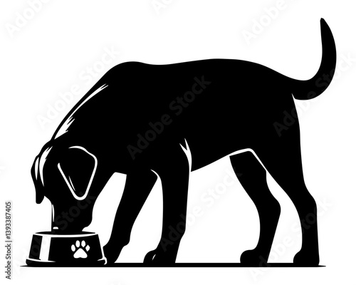A black and white silhouette of a dog eating food from a bowl on a white isolated background. Vector graphics. EPS.