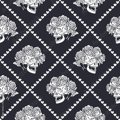 Seamless pattern with hand drawn black and white human skulls and rose flower wreath inside trellis. Halloween monochrome repeat background. Day of dead wrapping design.