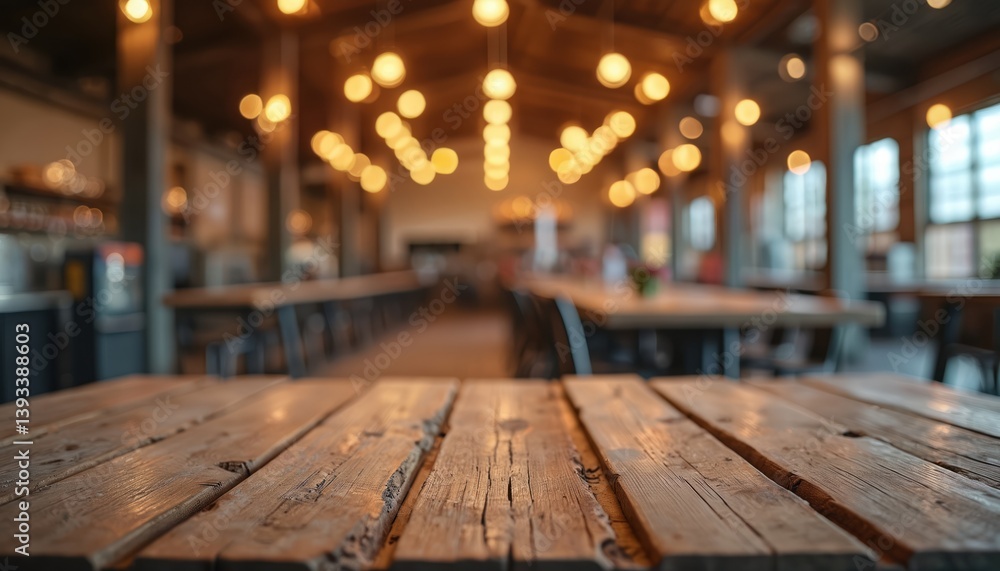 Rustic wooden table foreground. Blurred industrial warehouse interior with warm, glowing lights, creating cozy ambiance. Vintage brewery taproom, empty space for product placement event. Evening,