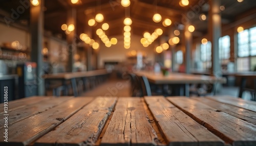 Obraz na płótnie Rustic wooden table foreground. Blurred industrial warehouse interior with warm, glowing lights, creating cozy ambiance. Vintage brewery taproom, empty space for product placement event. Evening, w salonie