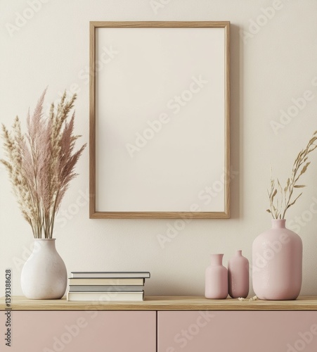 Empty framed poster on a pink cabinet with decorative grasses