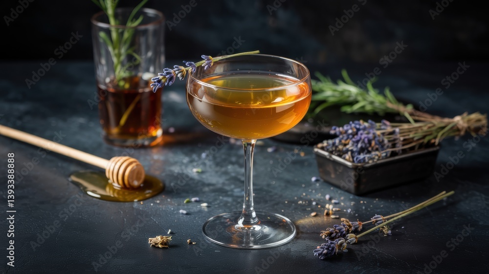 Fototapeta premium The cocktail is pale golden in color, decorated with a tiny sprig of lavender on a dark background. Honey is slowly draining away, and dried lavender buds are lying nearby.