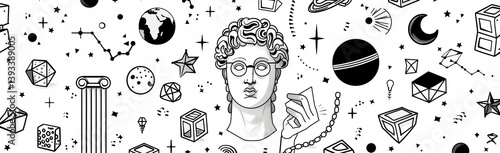 Black and white graphic banner combining Greek mythology, philosophy, and cosmic scientific elements. Hand-drawn surreal illustration with ancient culture and astronomy symbols for modern design.