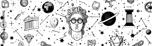 Black and white graphic banner combining Greek mythology, philosophy, and cosmic scientific elements. Hand-drawn surreal illustration with ancient culture and astronomy symbols for modern design.