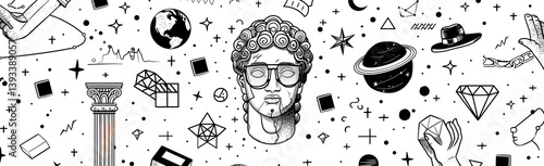 Black and white graphic banner combining Greek mythology, philosophy, and cosmic scientific elements. Hand-drawn surreal illustration with ancient culture and astronomy symbols for modern design.