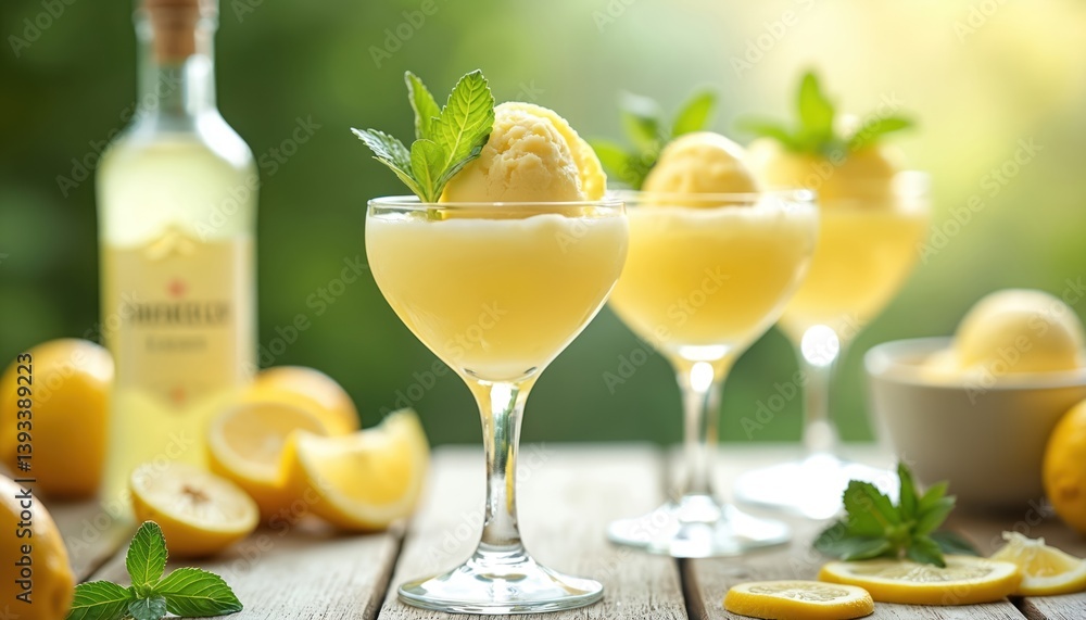 Fototapeta premium Limoncello sorbet served in elegant glasses. Lemon ice cream scoops on top, fresh lemons mint leaves on table near bottle of limoncello liqueur. Refreshing summer dessert.