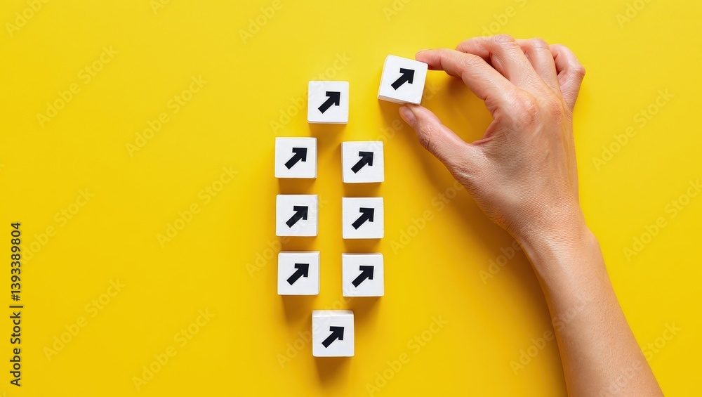 Hand making a row of arrows on a yellow background. Space for text. Paving the way, making plans. Next steps and vision. Course to go forward. Hand making a row of arrows on a yellow background. Space for text. Paving the way, making plans. Next steps and vision. Course to go forward.