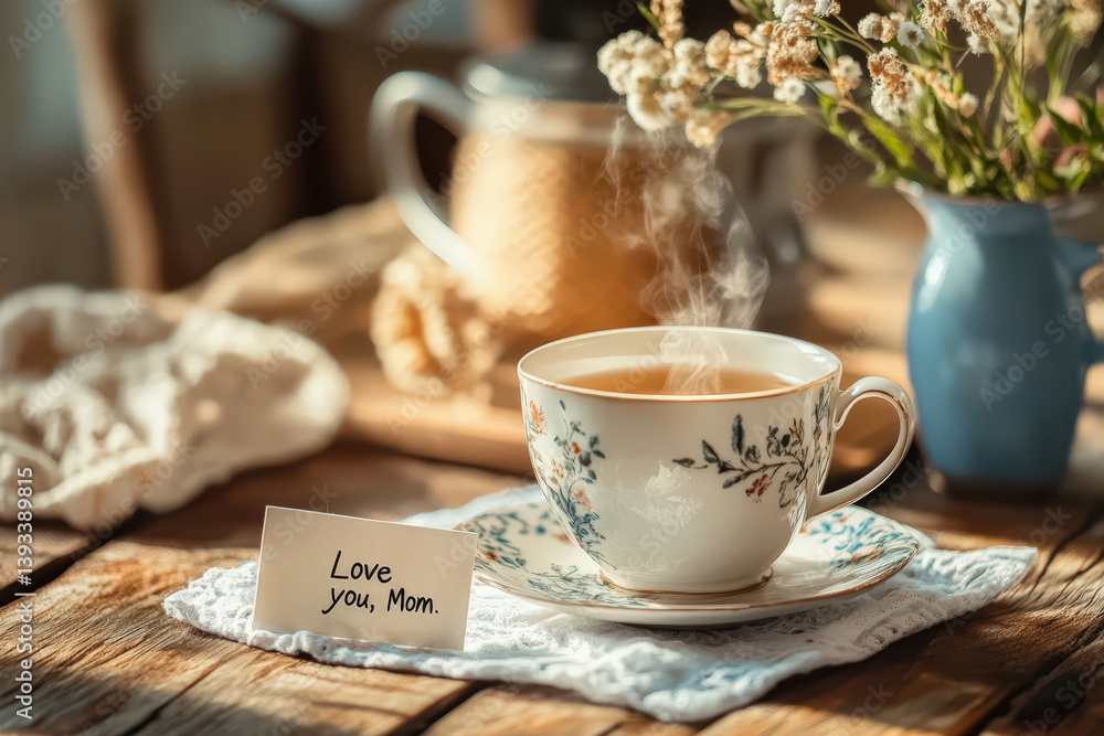 Fototapeta premium Warm cup of tea on a rustic table with heartfelt message for mom in cozy setting